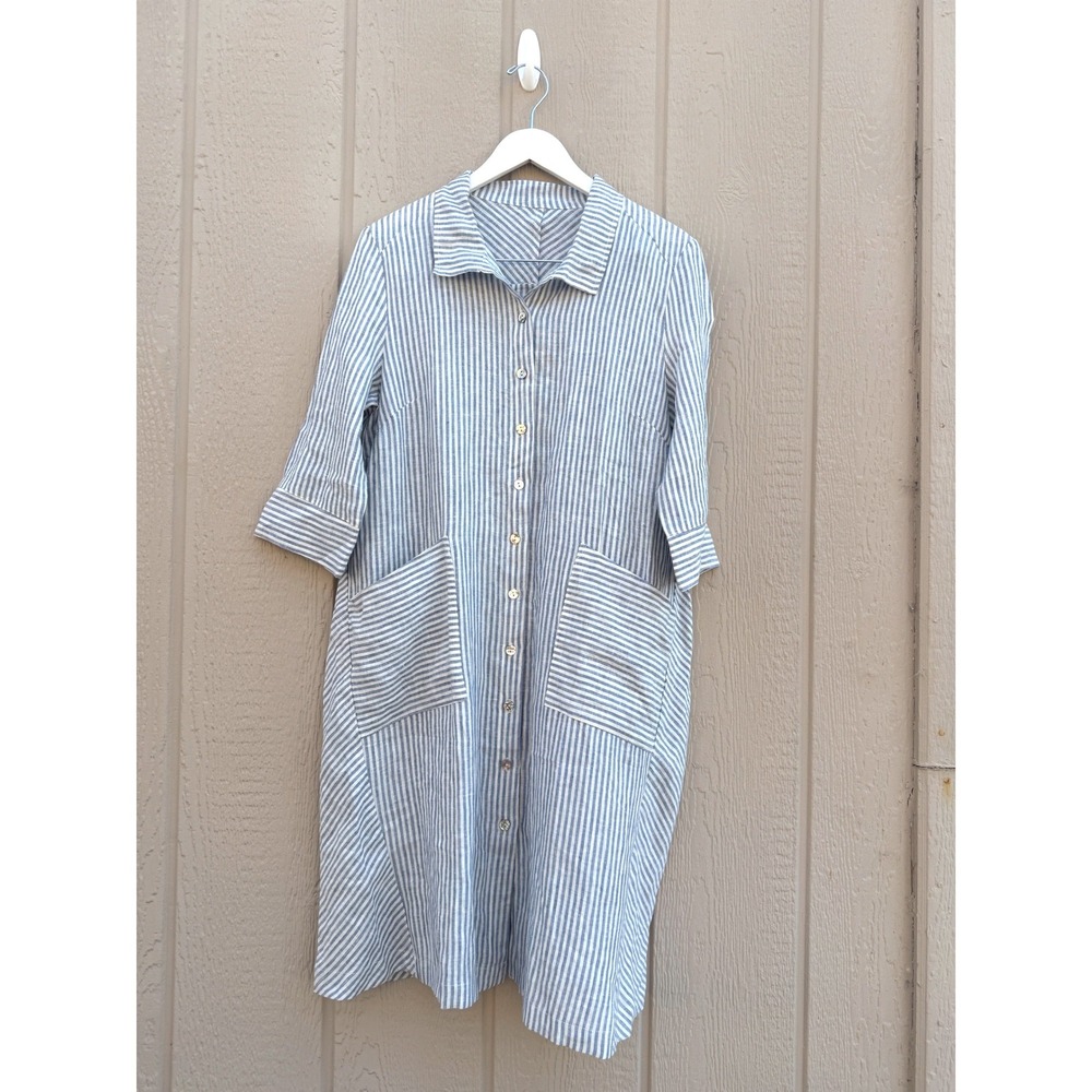 Lintico Linen Shirt Dress Blue White Stripe Coastal Midi Pockets Lagenlook